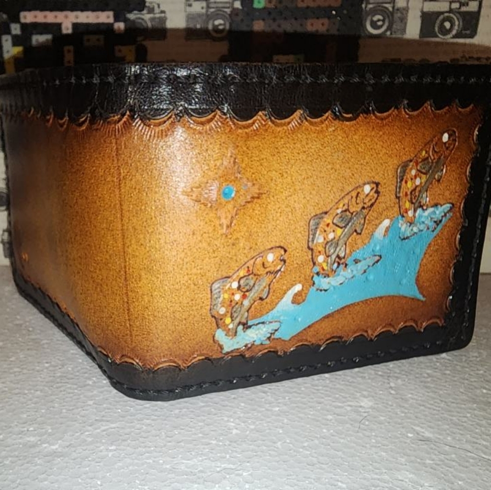 💥🍄 Authentic, Hand crafted Native American Cowhide Wallet, Turquoise Fish🍄💥